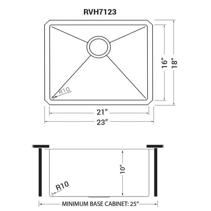 23-inch Undermount Stainless Steel Kitchen Sink 16 Gauge Rounded Corners Single Bowl - RVH7123