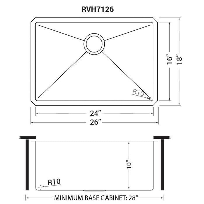 26-inch Undermount Stainless Steel Kitchen Sink 16 Gauge Rounded Corners Single Bowl - RVH7126