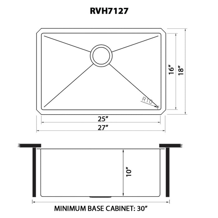 27-inch Undermount 16 Gauge Stainless Steel Kitchen Sink Rounded Corners Single Bowl