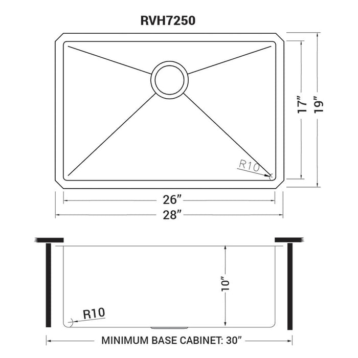 28-inch Undermount 16 Gauge Stainless Steel Kitchen Sink Rounded Corners Single Bowl