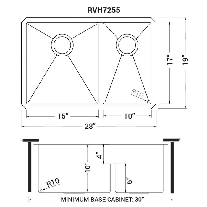 28-inch Low-Divide Undermount 60/40 Double Bowl Rounded Corners 16 Gauge Stainless Steel Kitchen Sink