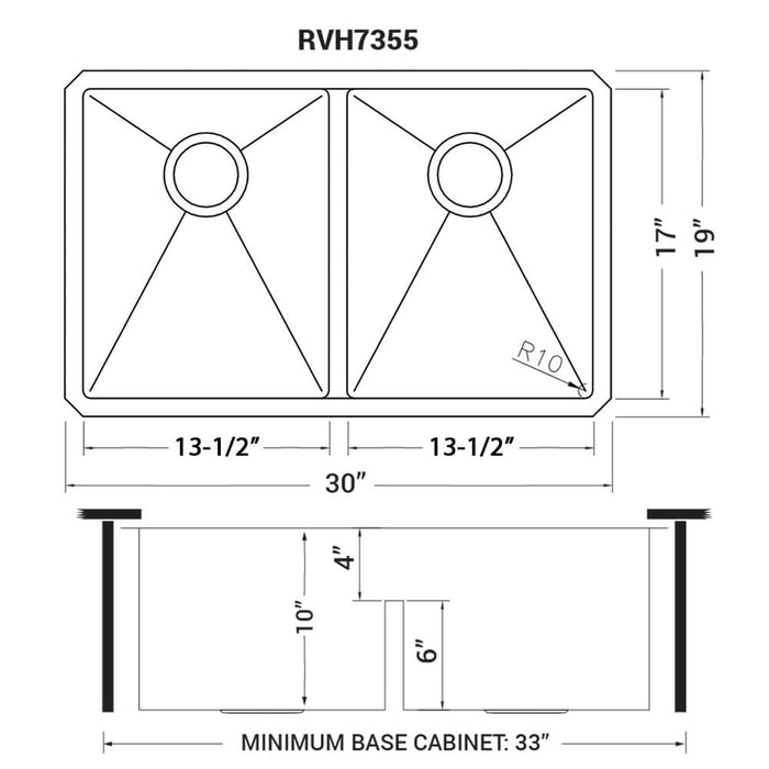 30-inch Low-Divide Undermount Rounded Corners 50/50 Double Bowl 16 Gauge Stainless Steel Kitchen Sink