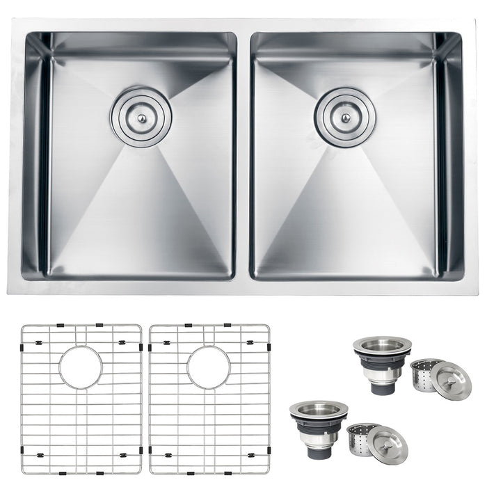 32-inch Undermount 50/50 Double Bowl Rounded Corners 16 Gauge Stainless Steel Kitchen Sink