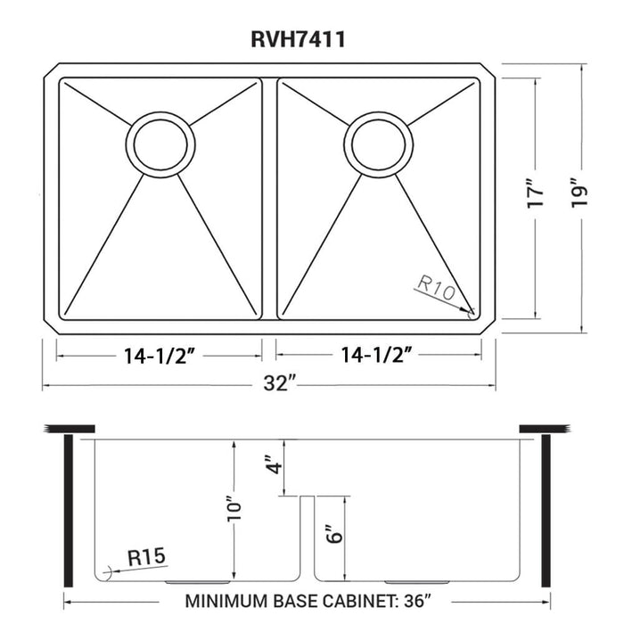 32-inch Low-Divide Undermount 50/50 Double Bowl 16 Gauge Rounded Corners Stainless Steel Kitchen Sink