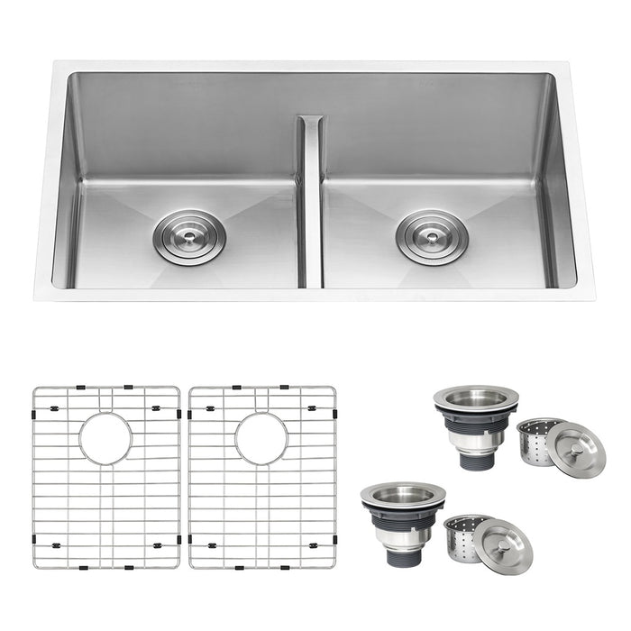 32-inch Low-Divide Undermount 50/50 Double Bowl 16 Gauge Rounded Corners Stainless Steel Kitchen Sink