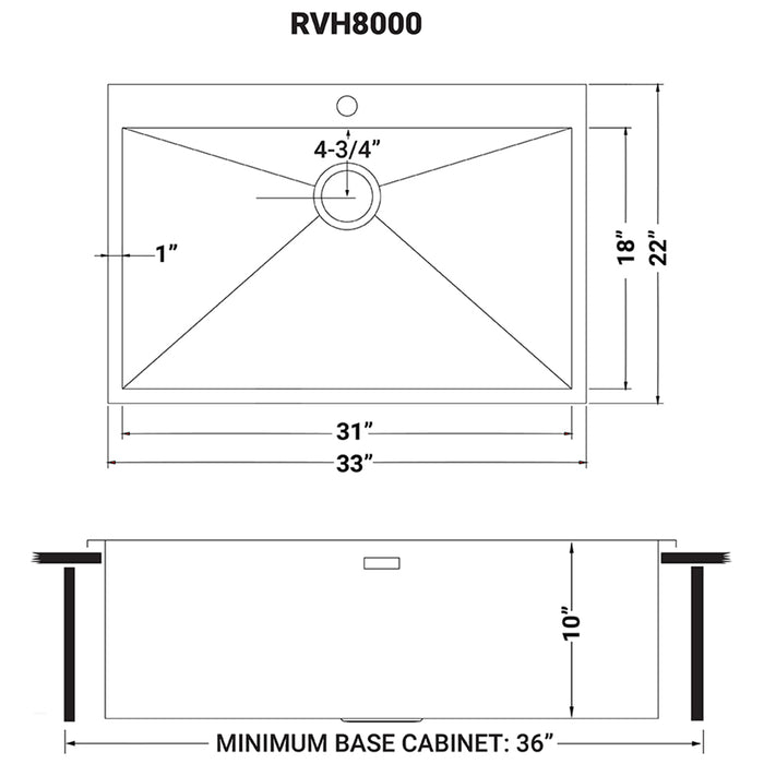 33 x 22 Drop-in Topmount 16 Gauge Zero Radius Stainless Steel Kitchen Sink Single Bowl - 1 hole