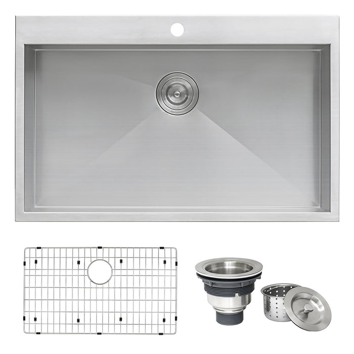 33 x 22 Drop-in Topmount 16 Gauge Zero Radius Stainless Steel Kitchen Sink Single Bowl - 1 hole