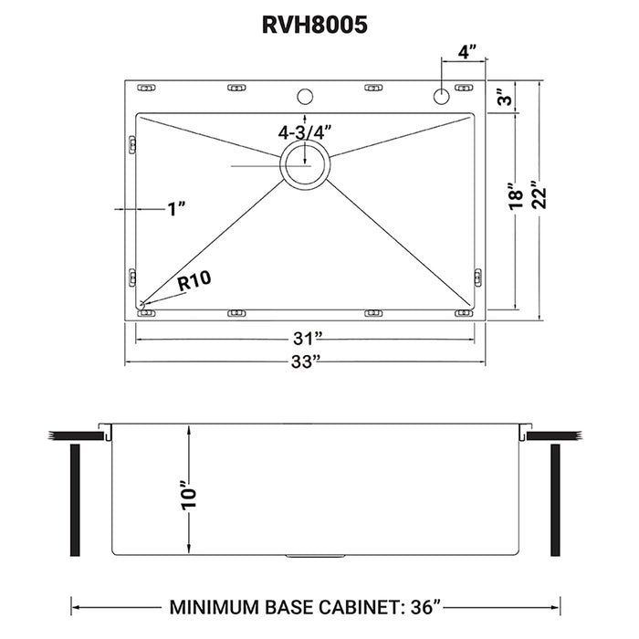 33 x 22 inch Drop-in 16 Gauge Stainless Steel Rounded Corners Topmount Kitchen Sink Single Bowl