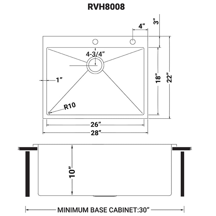 28-inch Drop-in Topmount 16 Gauge Stainless Steel Rounded Corners Kitchen Sink Single Bowl