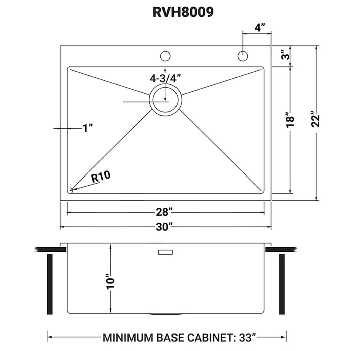 30 x 22 inch Drop-in Topmount 16 Gauge Stainless Steel Rounded Corners Kitchen Sink Single Bowl