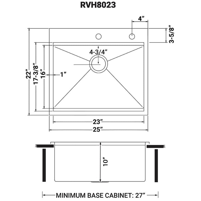 25 x 22 inch Workstation Drop-in Topmount 16 Gauge Stainless Steel Rounded Corners Ledge Kitchen Sink Single Bowl