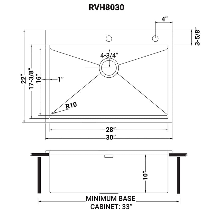 30 x 22 inch Workstation Drop-in Topmount Rounded Corners 16 Gauge Ledge Stainless Steel Kitchen Sink Single Bowl