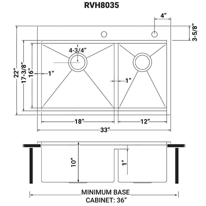 33 x 22 inch Workstation Drop-in 60/40 Double Bowl Topmount Rounded Corners 16 Gauge Stainless Steel Ledge Kitchen Sink