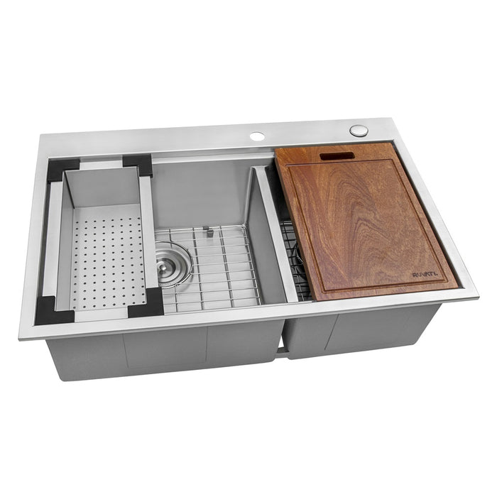 Ruvati 33 x 22 inch Workstation Drop-in 60/40 Double Bowl Topmount Rounded Corners 16 Gauge Stainless Steel Ledge Kitchen Sink