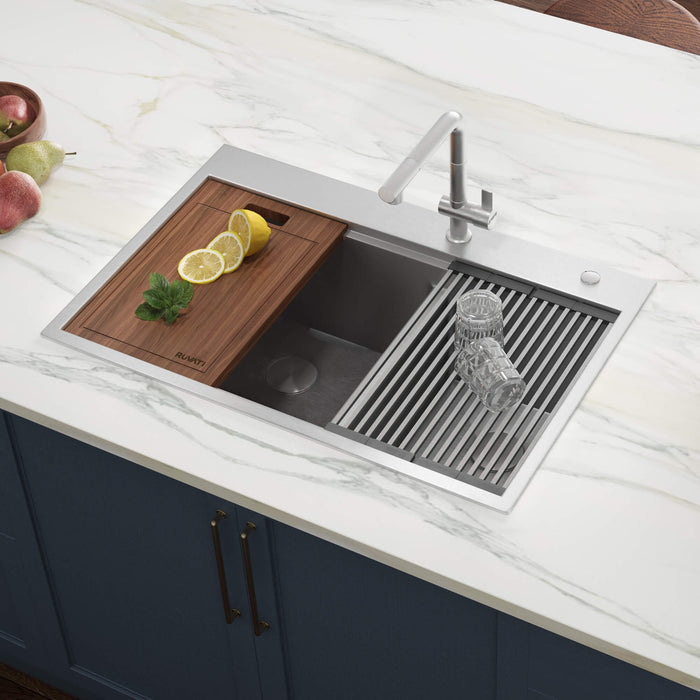 Ruvati 33 x 22 inch Workstation Drop-in 40/60 Double Bowl Topmount Rounded Corners Kitchen Sink