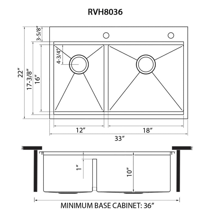 Ruvati 33 x 22 inch Workstation Drop-in 40/60 Double Bowl Topmount Rounded Corners Kitchen Sink