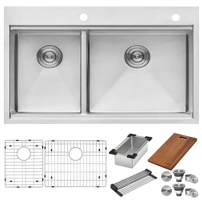 Ruvati 33 x 22 inch Workstation Drop-in 40/60 Double Bowl Topmount Rounded Corners Kitchen Sink