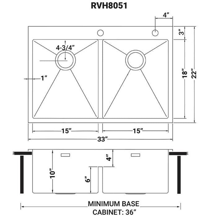 33 x 22 inch Drop-in 50/50 Double Bowl Rounded Corners 16 Gauge Topmount Stainless Steel Kitchen Sink