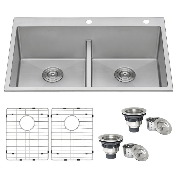 33 x 22 inch Drop-in 50/50 Double Bowl Rounded Corners 16 Gauge Topmount Stainless Steel Kitchen Sink