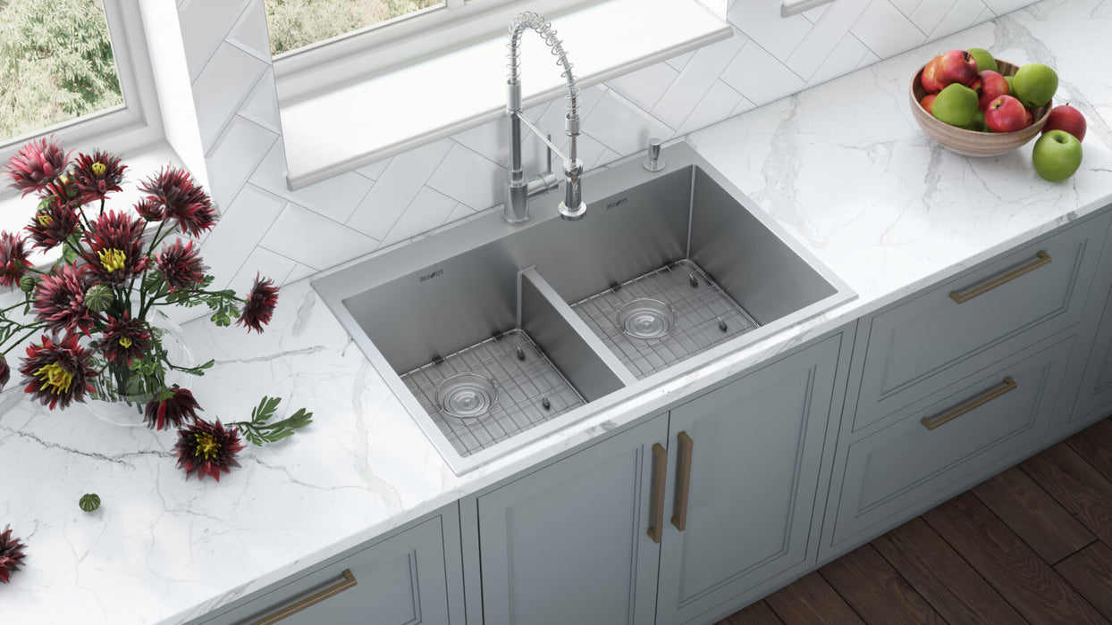 33 x 22 inch Drop-in 50/50 Double Bowl Rounded Corners 16 Gauge Topmount Stainless Steel Kitchen Sink