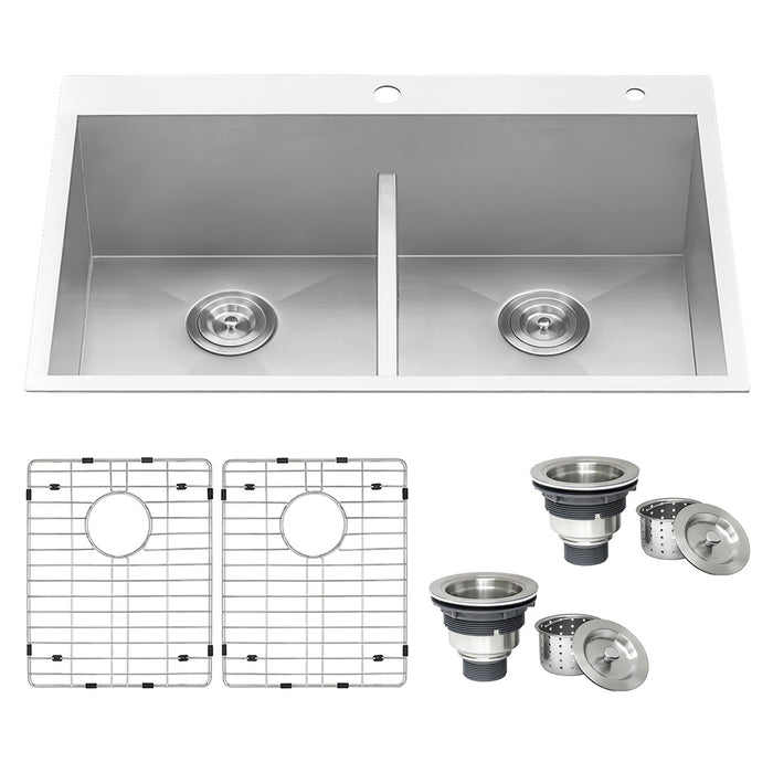 Ruvati 33-inch Drop-in Low-Divide Zero Radius 50/50 Double Bowl 16 Gauge Topmount Kitchen Sink