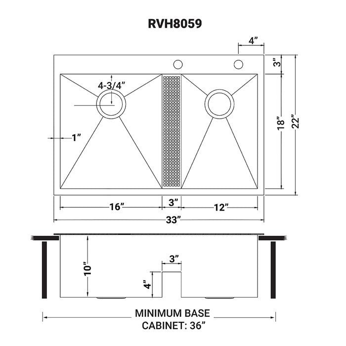 33-inch Drop-in Low Platform-Divide Zero Radius 60/40 Double Bowl 16 Gauge Topmount Kitchen Sink