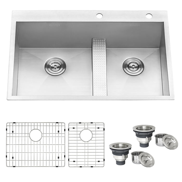 Ruvati 33-inch Drop-in Low Platform-Divide Zero Radius 60/40 Double Bowl 16 Gauge Topmount Kitchen Sink