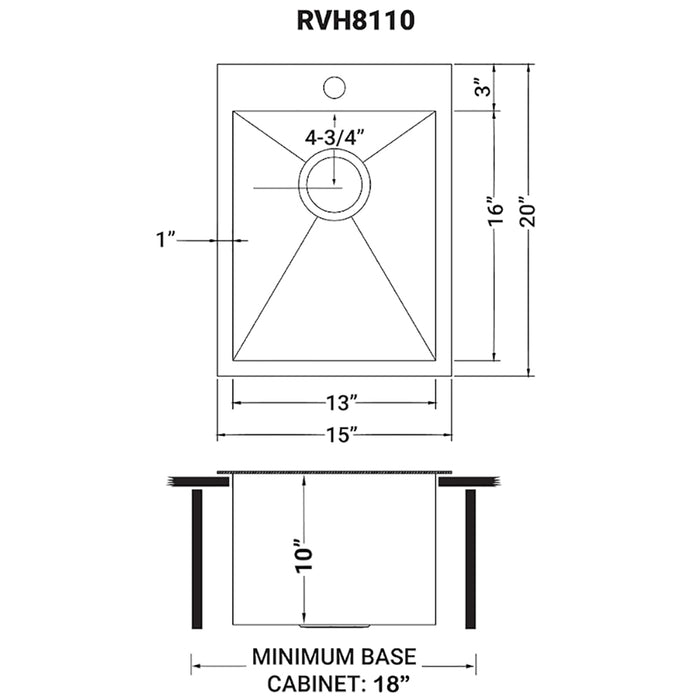 15 x 20 inch Drop-in Topmount Bar Prep Sink 16 Gauge Stainless Steel Single Bowl