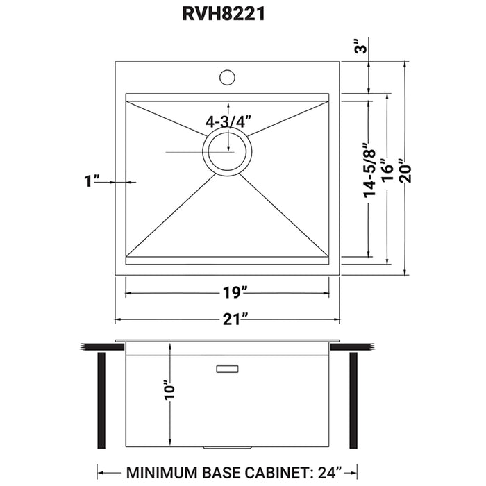 21 x 20 inch RV Workstation Drop-in Topmount Bar Prep Kitchen Sink 16 Gauge Stainless Steel