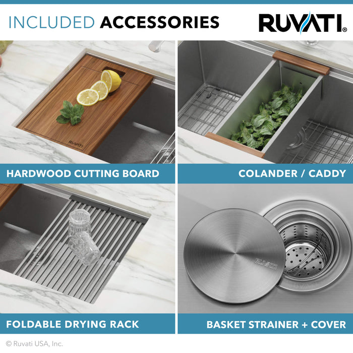 Ruvati 30-inch Workstation Rounded Corners Undermount Ledge Kitchen Sink with Accessories