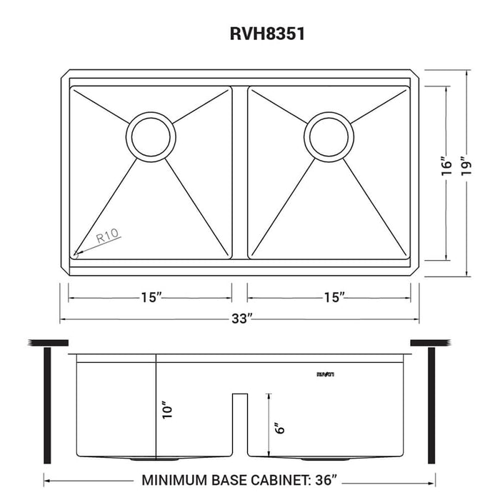 33-inch Workstation Ledge Rounded Corners 50/50 Double Bowl Undermount Kitchen Sink