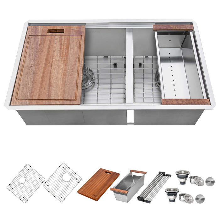 33-inch Workstation Ledge 60/40 Double Bowl Undermount 16 Gauge Stainless Steel Kitchen Sink