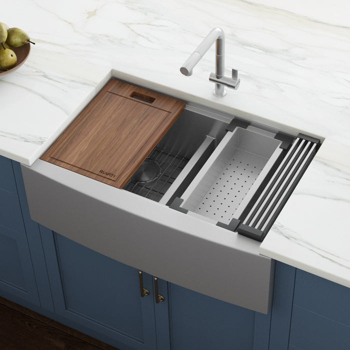 Ruvati 33" Apron-front Workstation Low-Divide Double Bowl 60/40 Farmhouse Kitchen Sink 16 Gauge Stainless Steel