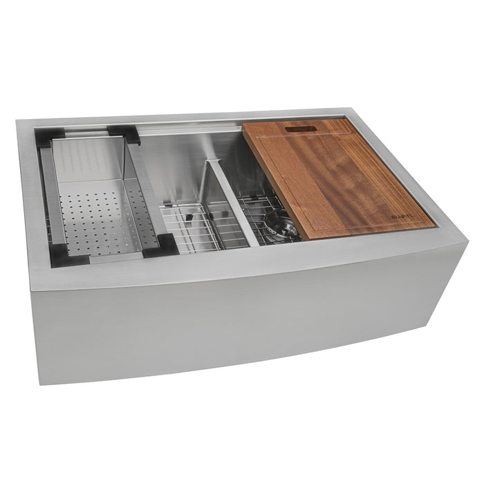 Ruvati 36" Apron-front Workstation Low-Divide Double Bowl 50/50 Farmhouse Kitchen Sink 16 Gauge Stainless Steel