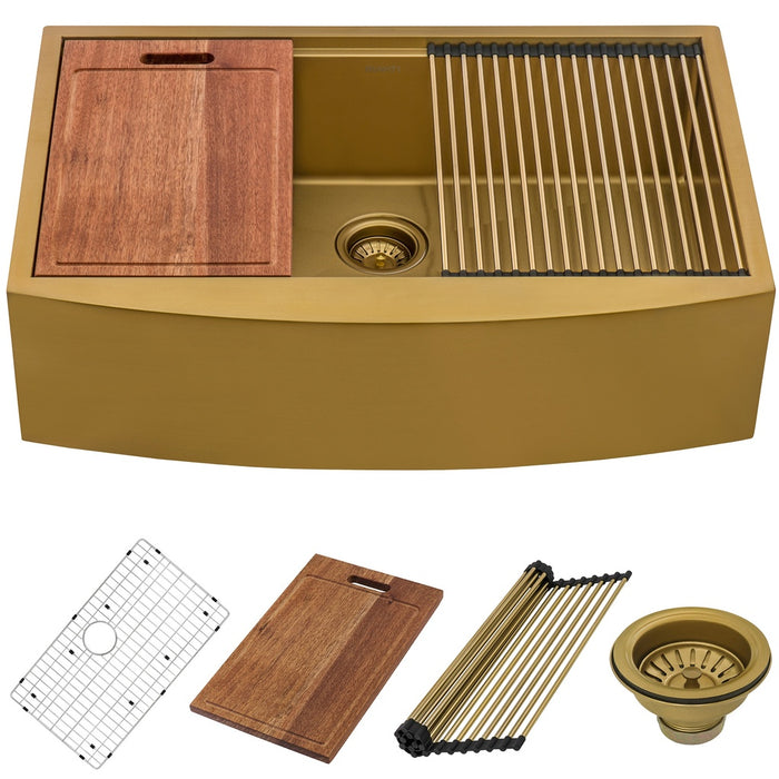 36-inch Matte Gold Workstation Apron-Front Brass Tone Stainless Steel Kitchen Sink