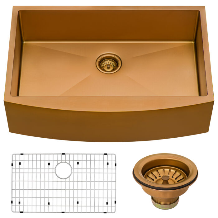 33-inch Apron-Front Farmhouse Kitchen Sink - Copper Tone Matte Bronze Stainless Steel Single Bowl