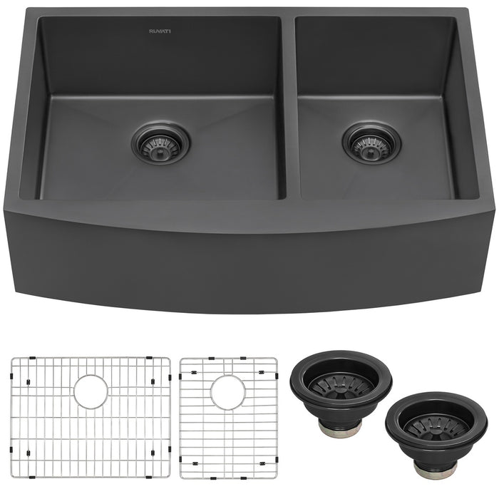 Ruvati 33-inch Gunmetal Black Stainless Steel 60/40 Double Bowl Apron-Front Farmhouse Kitchen Sink