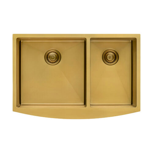 33-inch Satin Brass Matte Gold Stainless Steel 60/40 Double Bowl Apron-Front Farmhouse Kitchen Sink