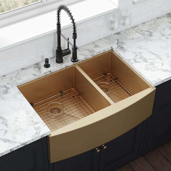 33-inch Satin Brass Matte Gold Stainless Steel 60/40 Double Bowl Apron-Front Farmhouse Kitchen Sink