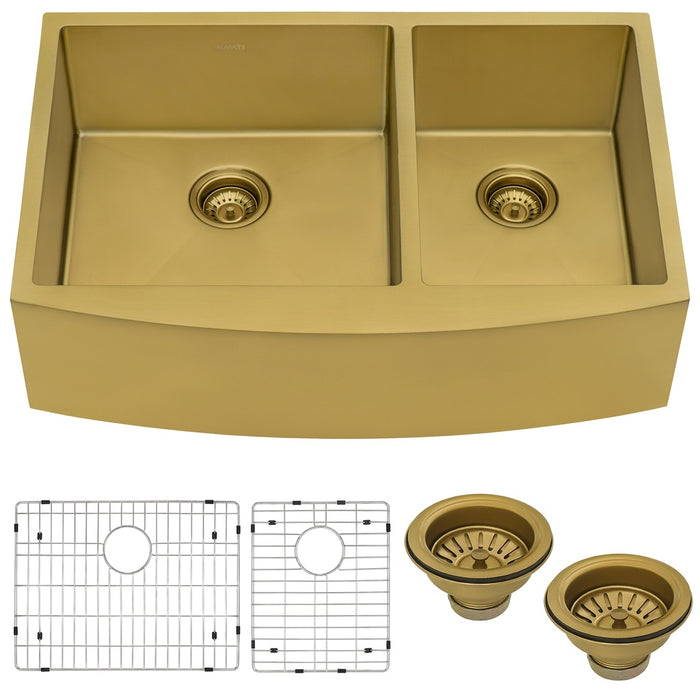 Ruvati 33-inch Satin Brass Matte Gold Stainless Steel 60/40 Double Bowl Apron-Front Farmhouse Kitchen Sink