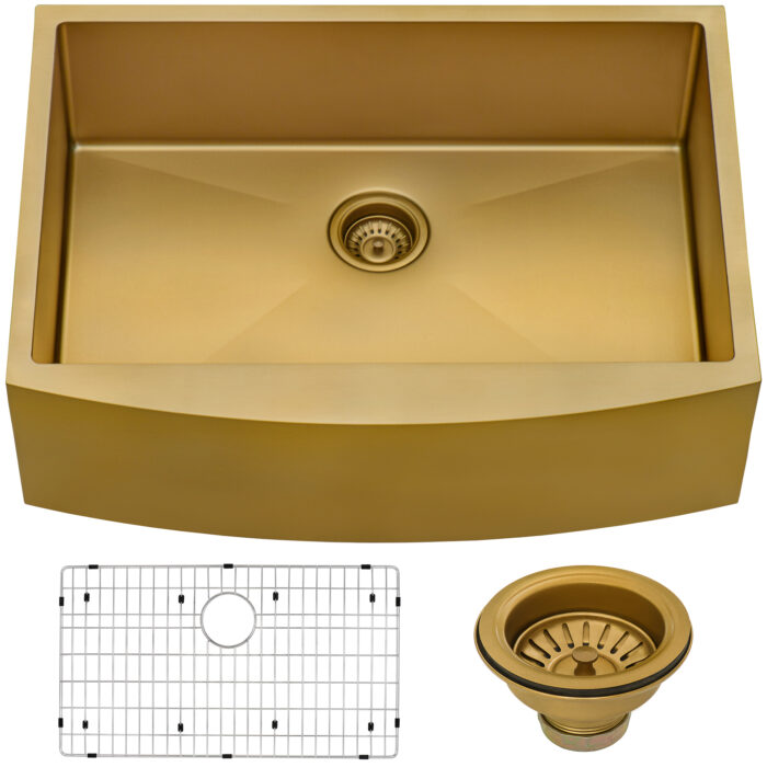 36-inch Apron-Front Farmhouse Kitchen Sink - Brass Tone Matte Gold Stainless Steel Single Bowl