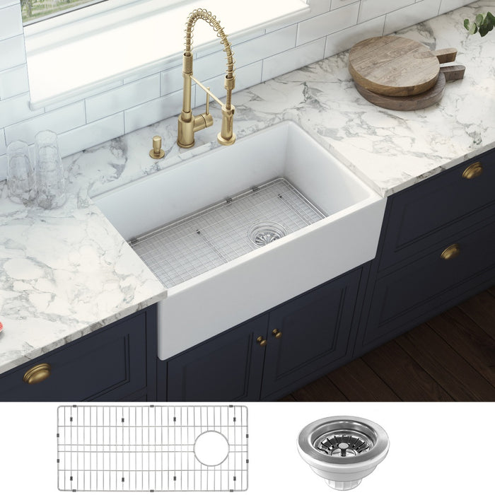 30-inch Fireclay Farmhouse Offset Drain Kitchen Sink Single Bowl White - Right Drain