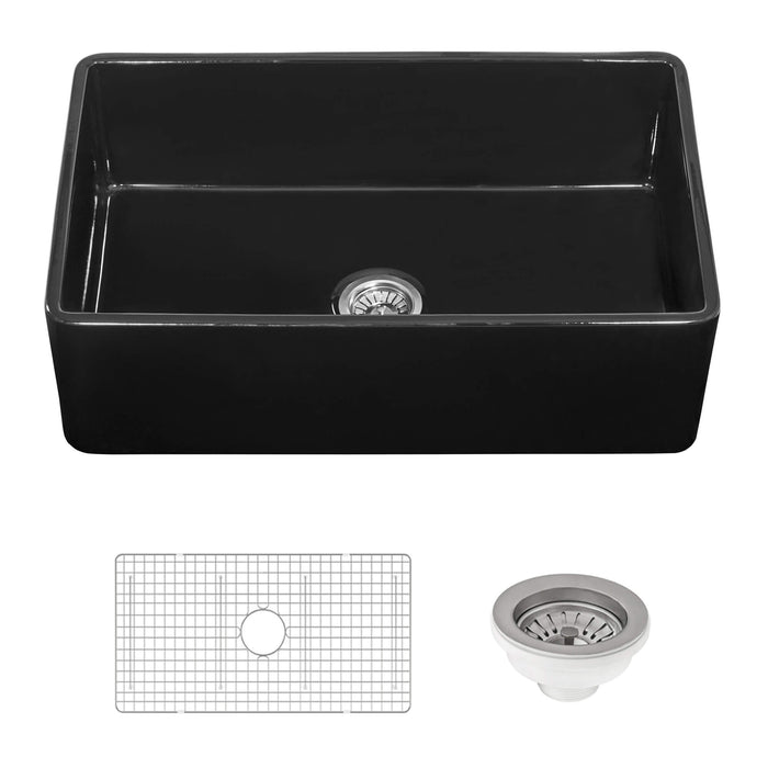 30 x 20 inch Fireclay Reversible Farmhouse Apron-Front Kitchen Sink Single Bowl - Glossy Black