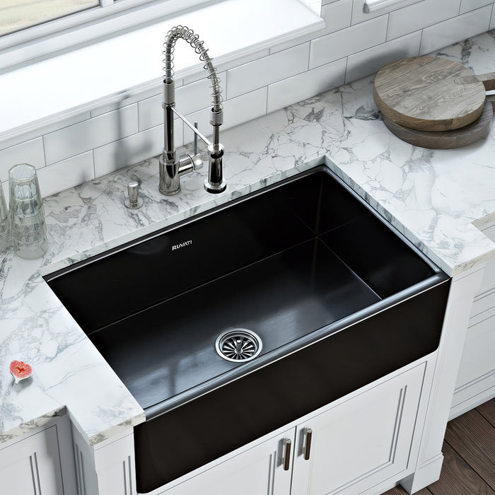 30 x 20 inch Fireclay Reversible Farmhouse Apron-Front Kitchen Sink Single Bowl - Glossy Black