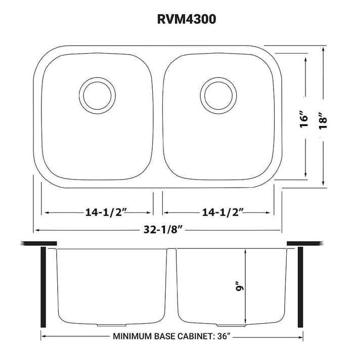 32-inch Undermount 50/50 Double Bowl 16 Gauge Stainless Steel Kitchen Sink - RVM4300