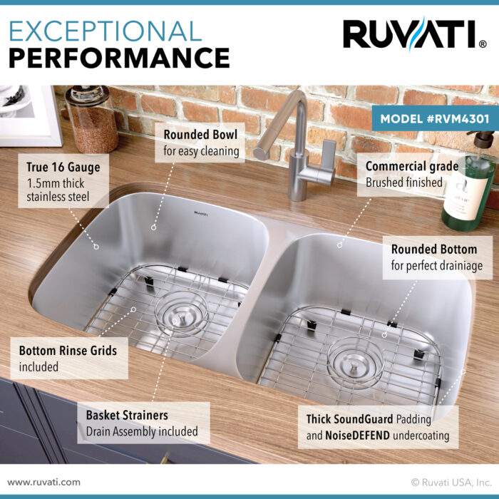 29-inch Undermount 50/50 Double Bowl 16 Gauge Stainless Steel Kitchen Sink - RVM4301