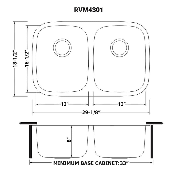 29-inch Undermount 50/50 Double Bowl 16 Gauge Stainless Steel Kitchen Sink - RVM4301