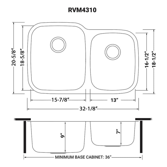 32-inch Undermount 60/40 Double Bowl 16 Gauge Stainless Steel Kitchen Sink - RVM4310