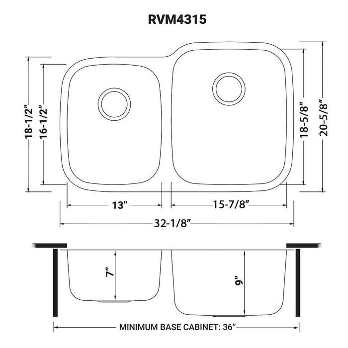 32-inch Undermount 40/60 Double Bowl 16 Gauge Stainless Steel Kitchen Sink - RVM4315