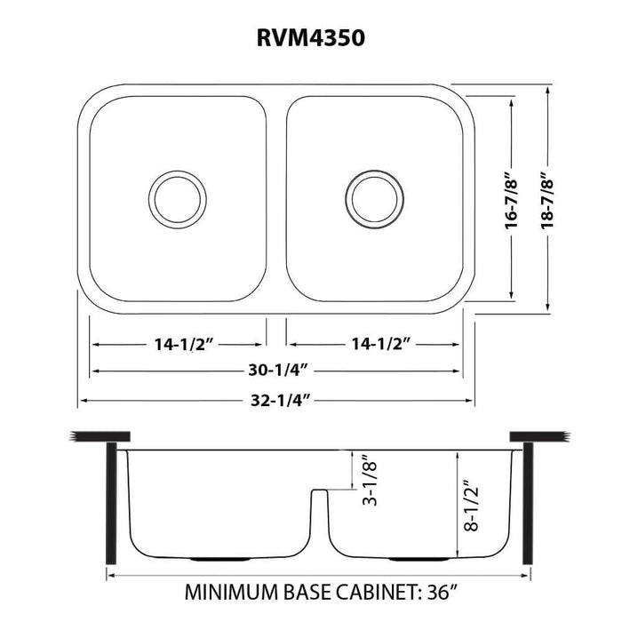 32-inch Low-Divide 50/50 Double Bowl Undermount 16 Gauge Stainless Steel Kitchen Sink - RVM4350